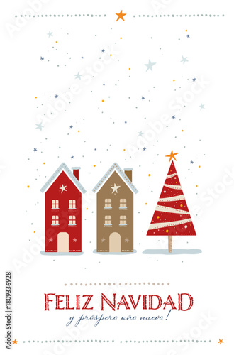 Tarjeta o pancarta minimalista de Feliz Navidad con texto en español con casas pequeñas, árbol decorado, nieve y estrellas. Dibujo vectorial a mano. Recurso gráfico