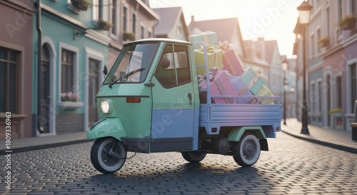 Fototapeta Naklejka Na Ścianę i Meble -  Small three wheeled utility vehicle transports numerous wrapped packages down a historic street at sunrise
