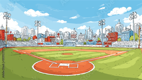 Cartoon Baseball Game in Cityscape Illustration