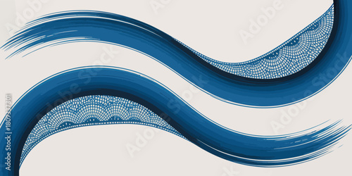 Two blue wavy lines with lace details on a white background creating a flowing abstract design art