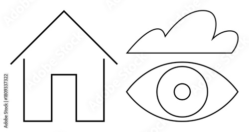 Simple outline drawing of a house, an eye, and a cloud. Ideal for security, surveillance, home monitoring, weather awareness, vision protection and modern interconnection. Simple flat metaphor