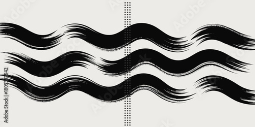 Abstract black brushstrokes in wave pattern with dotted line on a white background art piece
