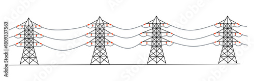 High voltage electric power transmission towers and lines vector illustration, providing electricity supply across landscapes. 
