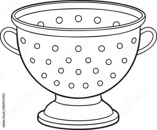 Detailed kitchen colander with handles and base line art drawing for culinary design vector