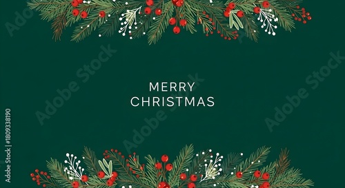 Elegant christmas greenery border with berries and pinecones