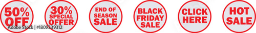 Discount sticker tag. Collection of sale and discount oval shaped stickers. A row of six oval stickers advertising various sales, discounts, and calls to action for shoppers.