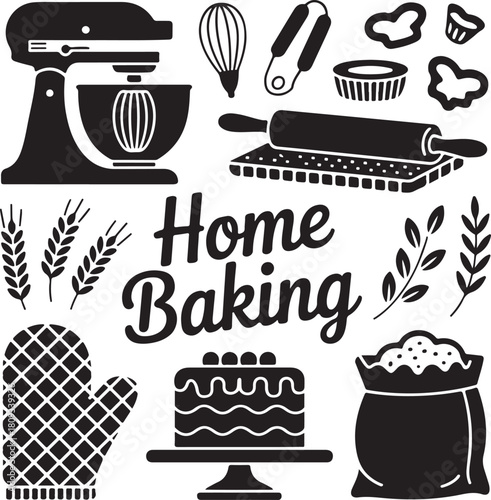 Baking tools, electric mixer, rolling pin, flour bag, oven mitt, cake dessert, pastry dough