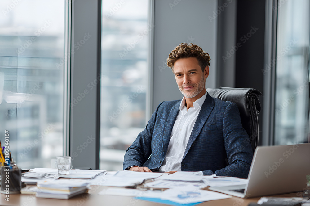 Fototapeta premium Confident Leader in Modern Office: A distinguished leader exudes confidence while seated at a desk, the picture of professional authority in a contemporary office setting.