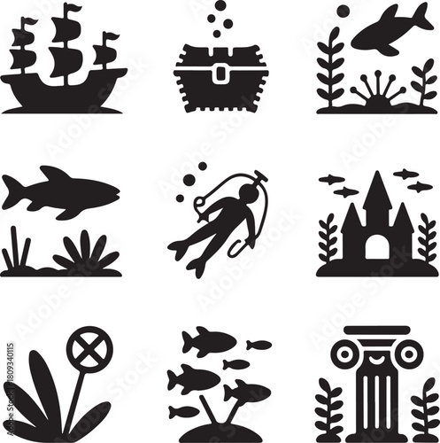 Underwater world, pirate ship, treasure chest, scuba diver, sea castle, shark fish, ocean bottom