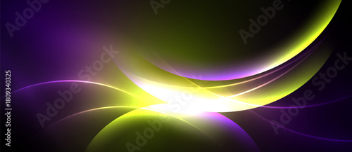 Abstract vibrant waves, purple, yellow, green hues blend. Bright central glow creates dynamic visual effect. Smooth gradients dominate composition.