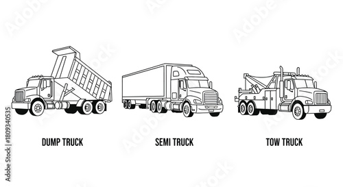 Illustration of a dump truck semi truck and tow truck in outline style
