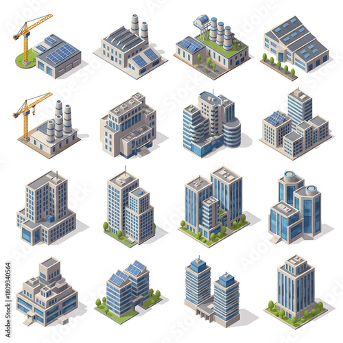 Isometric industrial buildings and modern skyscrapers collection factory