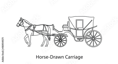 A detailed line drawing depicts a classic horse drawn carriage in profile