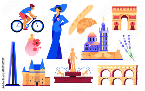 French landmarks and symbols - flat design style objects