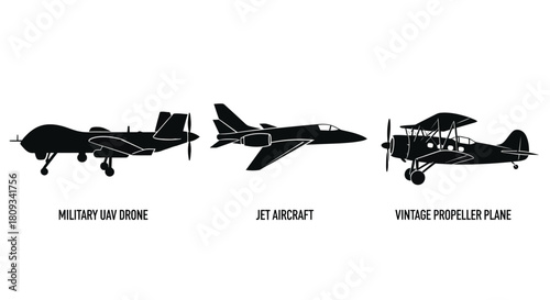 Silhouettes of various aircraft drones jets and vintage propeller planes illustrated