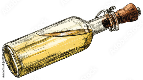 Detailed Vector Drawing of Brown-handled Olive Oil Bottle