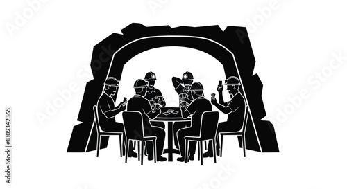 A group of people seated around a table within a cave like structure