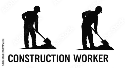 Two construction workers digging with shovels a simple black silhouette design