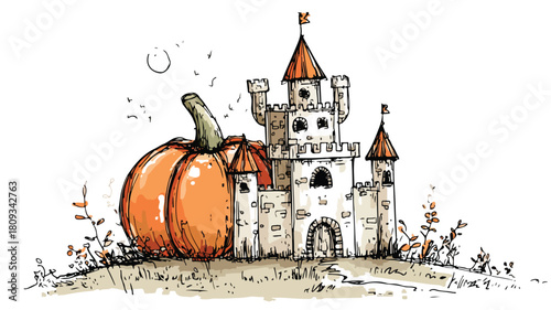Enchanting Castle Illustration with Pumpkin, Vintage Artwork for Halloween Decor