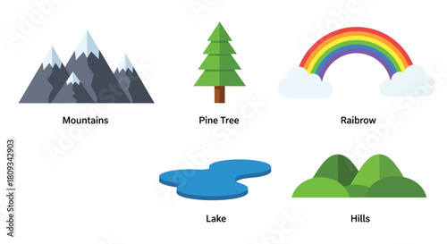 Colorful flat design of mountains pine tree rainbow lake and hills