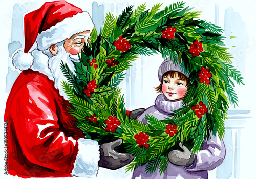 Bold Handcrafted Watercolor Christmas Illustration of Santa and Child Holding Green Wreath with Berries