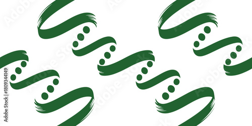 A repeating pattern of green ribbons with four dots on a white background in a zigzag arrangement