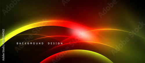 Abstract design features vibrant curves, gradients. Red, yellow hues dominate dark background. Modern aesthetic, dynamic composition.