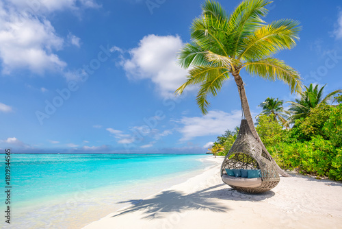 Fototapeta Naklejka Na Ścianę i Meble -  Luxury summer beach landscape. Popular travel destination, picturesque palm tree swing hammock tourism background. Idyllic sunny sea sand sky closeup relaxing tropical island vacation escape concept