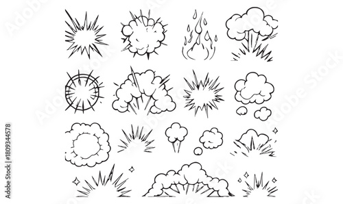 Cartoon Explosion and Smoke Cloud Icons – Comic Style Burst Effects Set