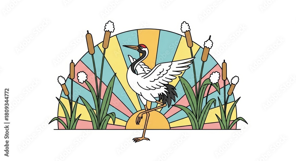 Naklejka premium Colorful crane standing amidst cattails at sunrise with vibrant geometric background