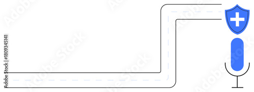 Microphone with road-thumbs up connection to shield featuring a cross. Ideal for healthcare, data security, guidance, audio technology, medical technology, speech recognition, simple flat metaphor