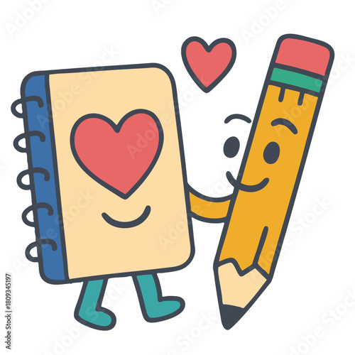 Cute notebook heart pencil cartoon love smile friendship kawaii romance happy