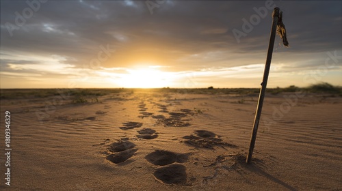 sedition. Broken flagpole in sandy ground with retreating footprints, sunset symbolic of surrender. inspiring travel planning.