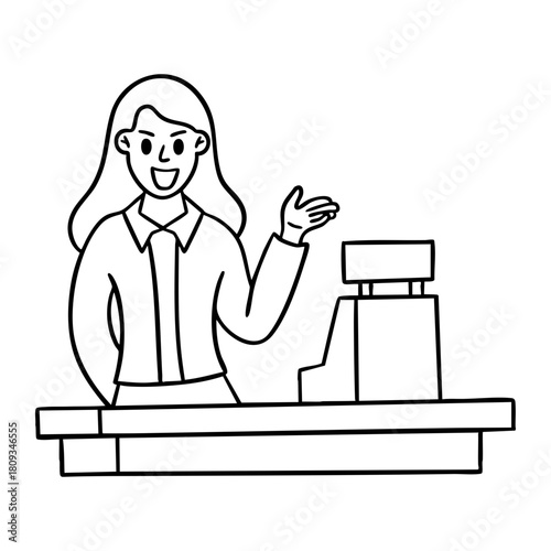 Friendly Young Female Cashier Waving and Smiling to Welcome Customers at the Retail Store Checkout outline style