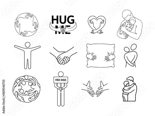 Hugs affection and emotional support line art icon set