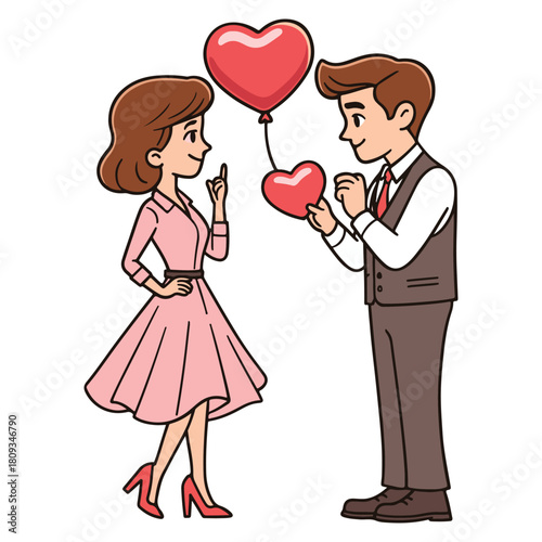 Romantic Couple Clipart – Cartoon Man & Woman with Heart Balloon and Affectionate Pose