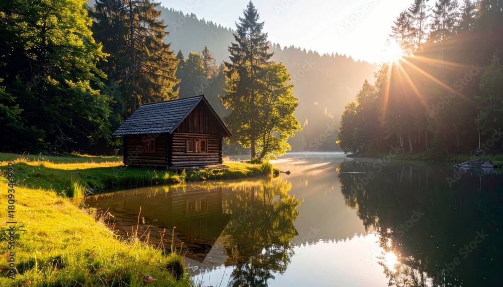 Fototapeta premium A rustic wooden cabin sits peacefully on the grassy bank of a calm lake, bathed in the warm glow of the rising sun.