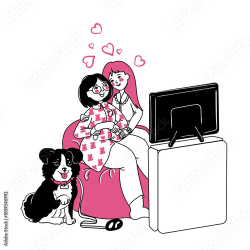 Vector illustration of a couple of girls in love playing games. Valentine's Day print. Girls in a relationship. Family comfort