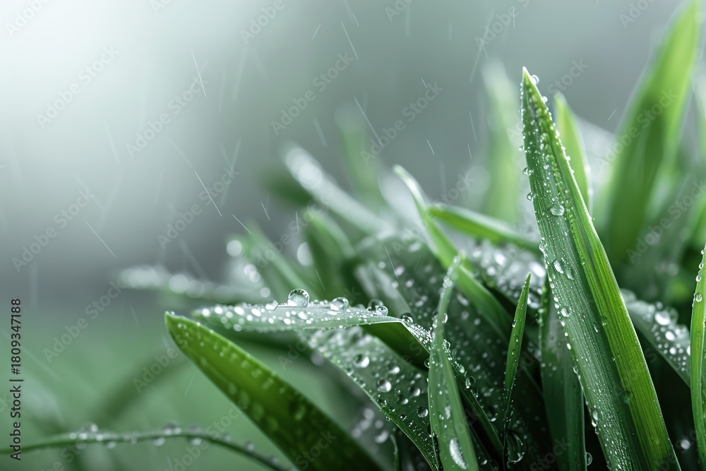 Obraz premium Soft green blades of grass are adorned with shimmering dewdrops following a gentle rain. The scene evokes a sense of calm and freshness in nature’s embrace