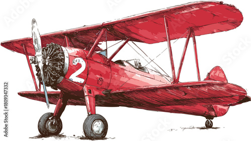 Red Biplane Number 2 Drawing for Aviation Enthusiasts and Vintage Aircraft Lovers