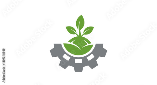 Illustration of a green plant growing out of a gray gear, symbolizing sustainable technology.