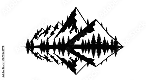Black and white silhouette of majestic mountains and pine trees with a perfect reflection on a calm surface, creating a striking symmetrical landscape design.