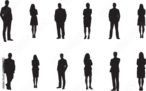 Business people silhouettes vector illustration set of men and women in suits walking and standing, showing a successful group team collection