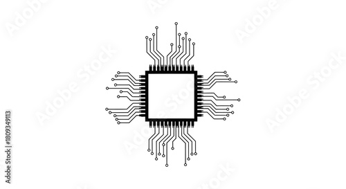 Detailed illustration of a computer chip with connections on a white background.