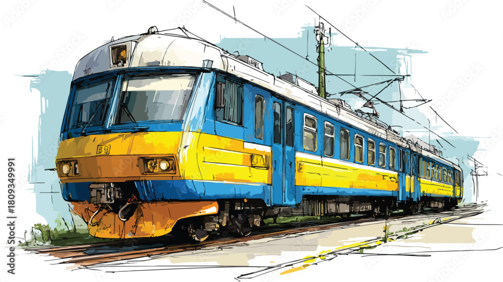 Fototapeta premium Detailed Drawing of Blue and Yellow Train on Railroad Track