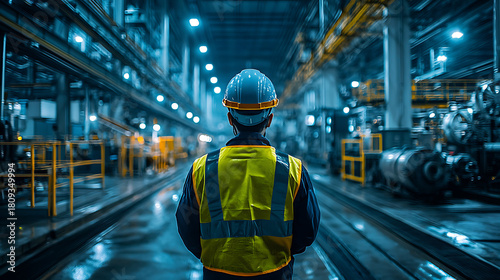 Industrial worker in safety vest and hard hat stands in a large factory looking forward