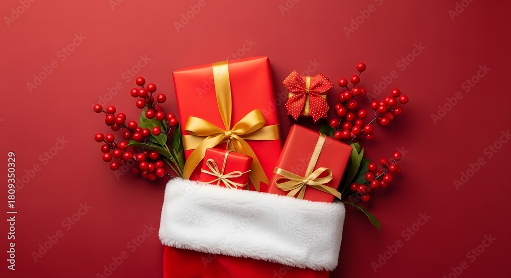 Obraz premium Christmas stocking filled with red gift boxes and festive red berry decoration