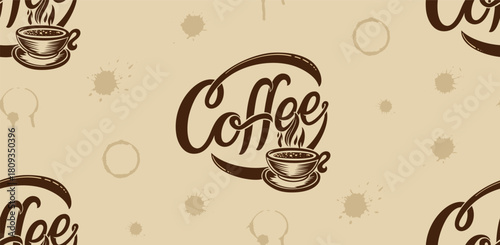 Coffee lettering pattern background with stains. Coffee Seamless Pattern for packaging, wrapping, textile.