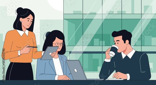 Three professionals collaborate in an office setting with laptops and tablets.