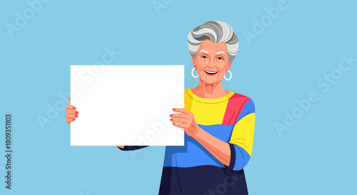 Smiling senior woman with gray hair holding a blank white sign.